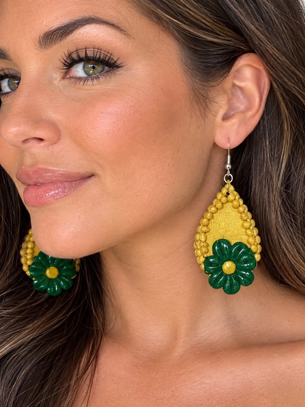 Handcrafted Yellow and Green Floral Drop Earrings